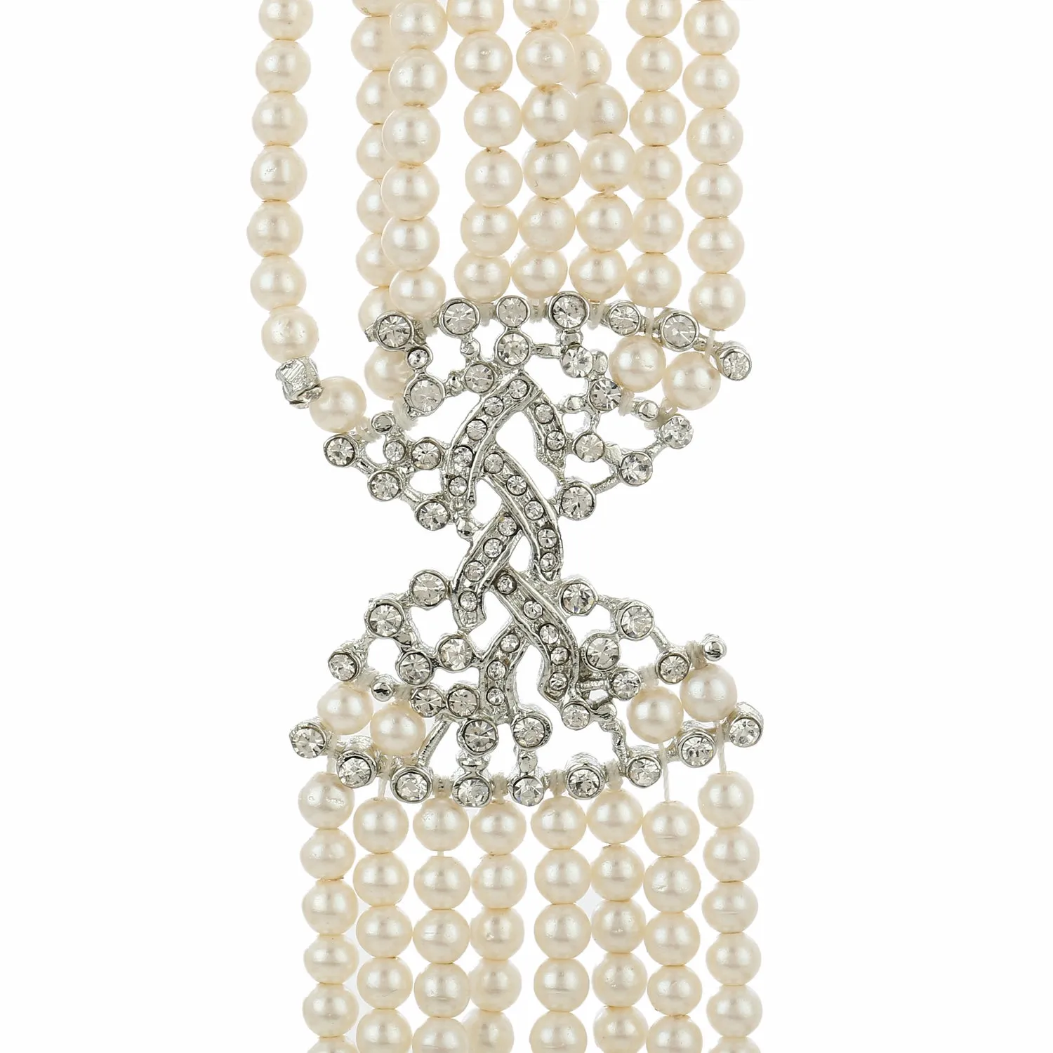 Estele Rhodium Sophisticated Multistrand Pearl Bracelet with Austrian Crystals for Women