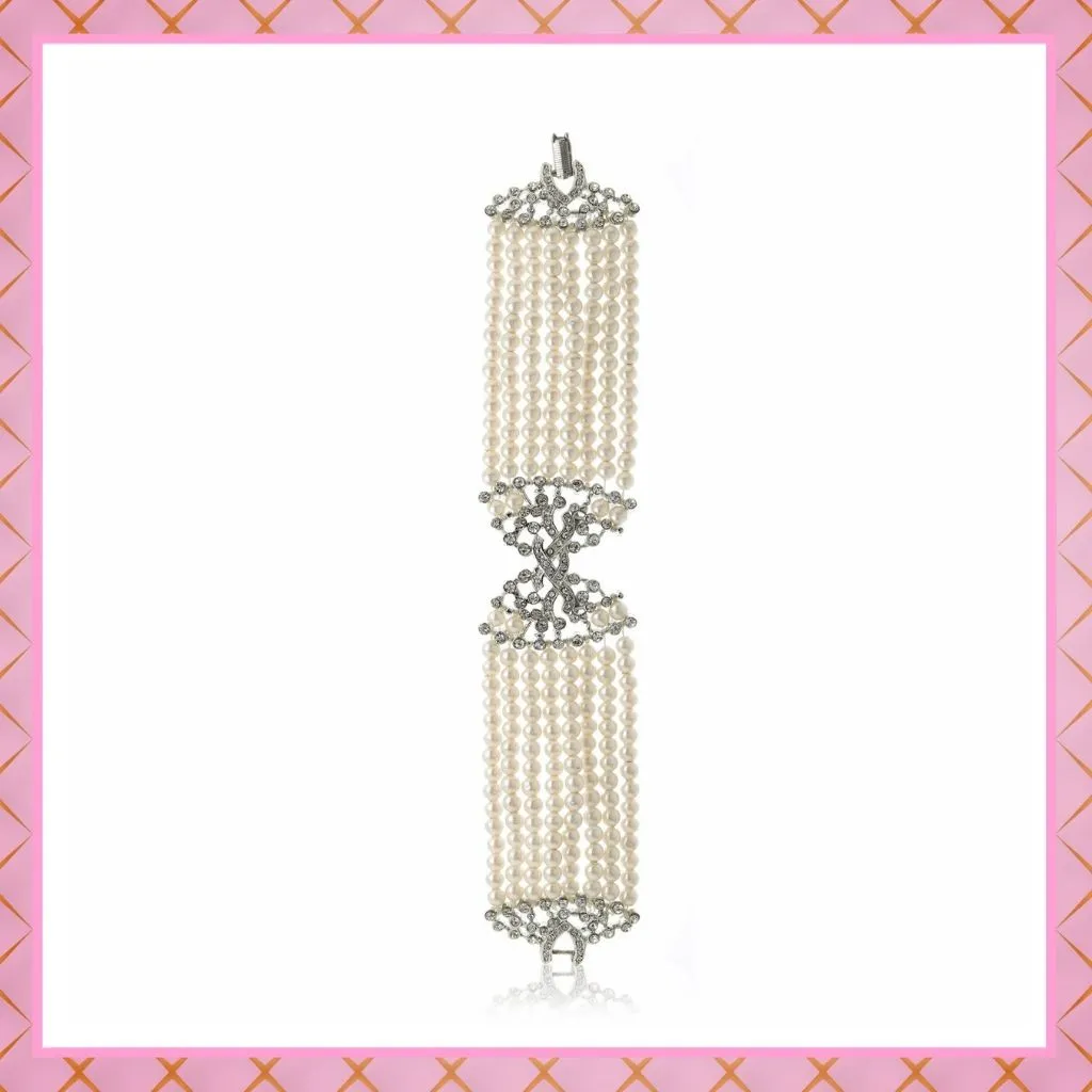 Estele Rhodium Sophisticated Multistrand Pearl Bracelet with Austrian Crystals for Women