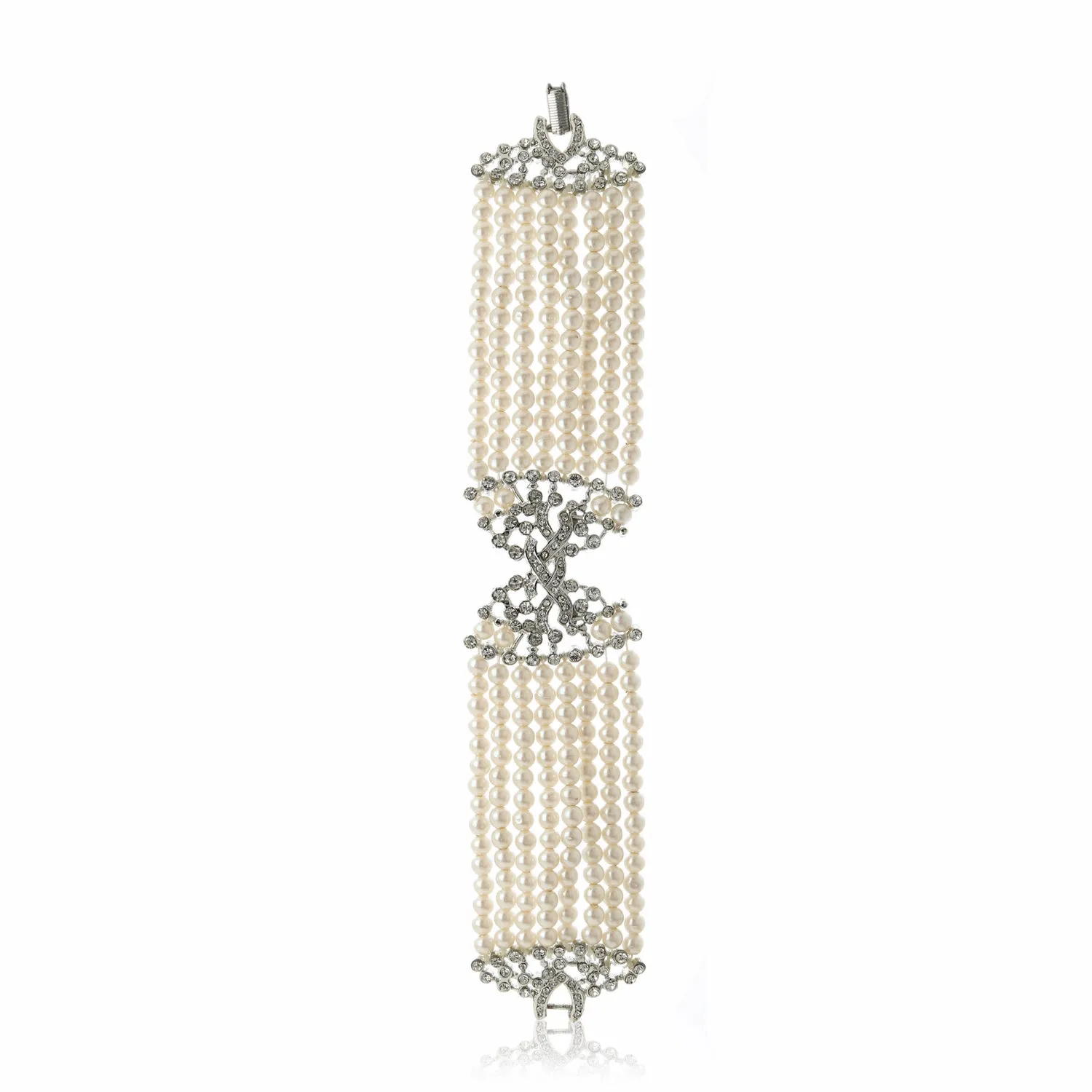 Estele Rhodium Sophisticated Multistrand Pearl Bracelet with Austrian Crystals for Women