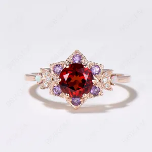 Floral Red Garnet Engagement Ring Moon Halo Amethyst Ring