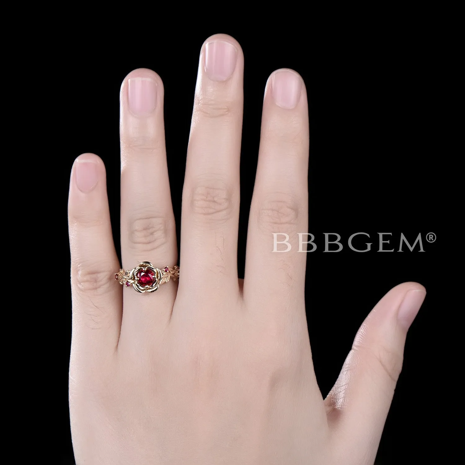 Floral Round Ruby Engagement Ring Solid Gold Leaf Bridal Ring Rose Flower July Birthstone Wedding Ring