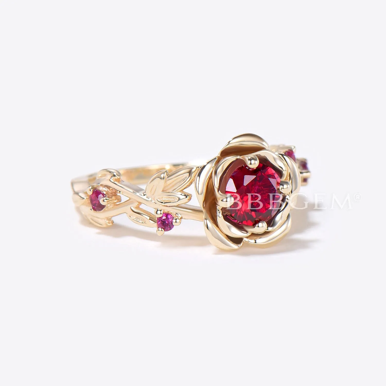 Floral Round Ruby Engagement Ring Solid Gold Leaf Bridal Ring Rose Flower July Birthstone Wedding Ring