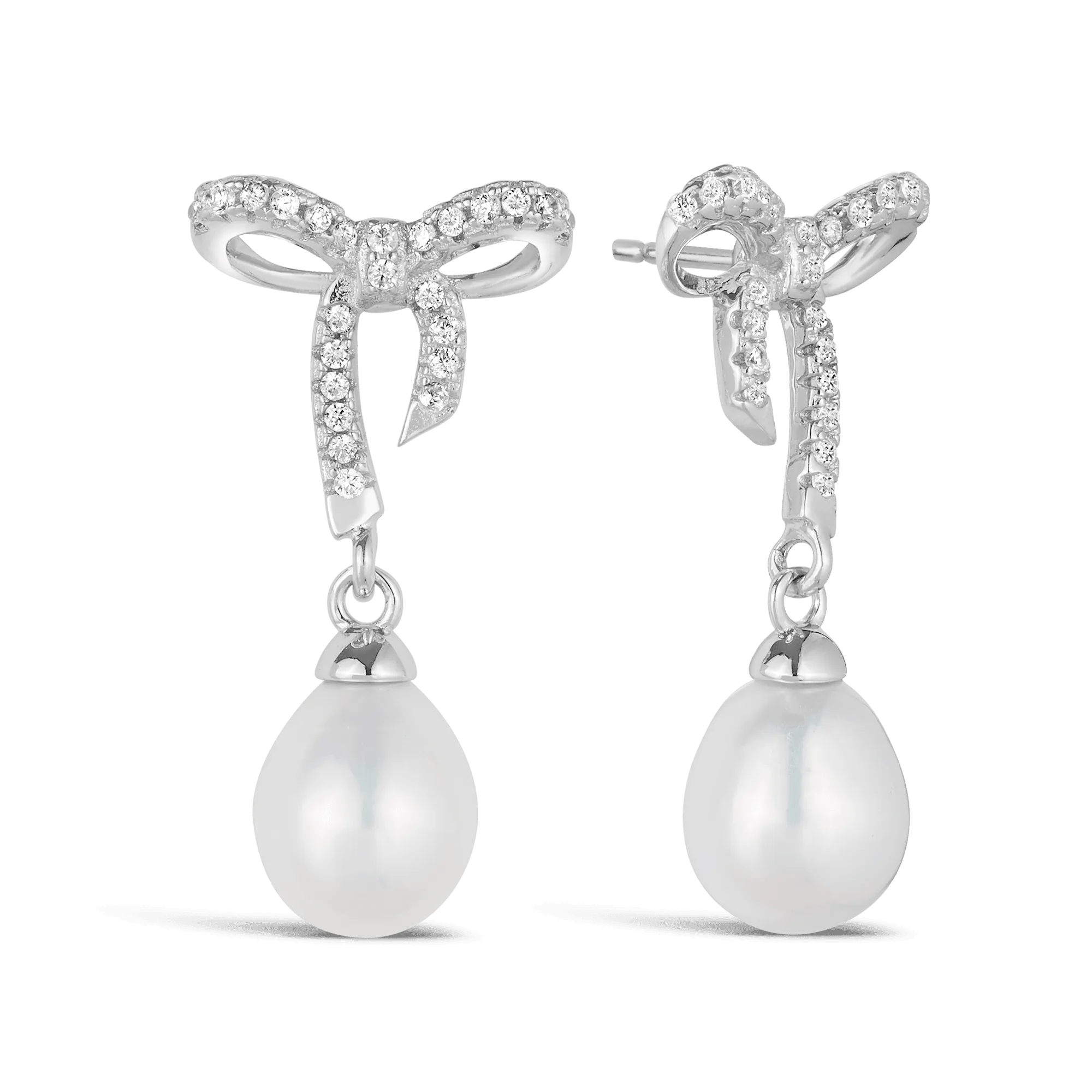 Freshwater Pearl & Cubic Zirconia Bow Drop Earrings in Sterling Silver