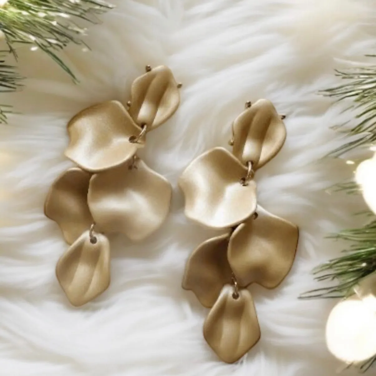 Gold - Brushed light gold flowers earrings | frosted petals hoop earrings | statement earrings | golden crumpled geometric floral bridal earrings