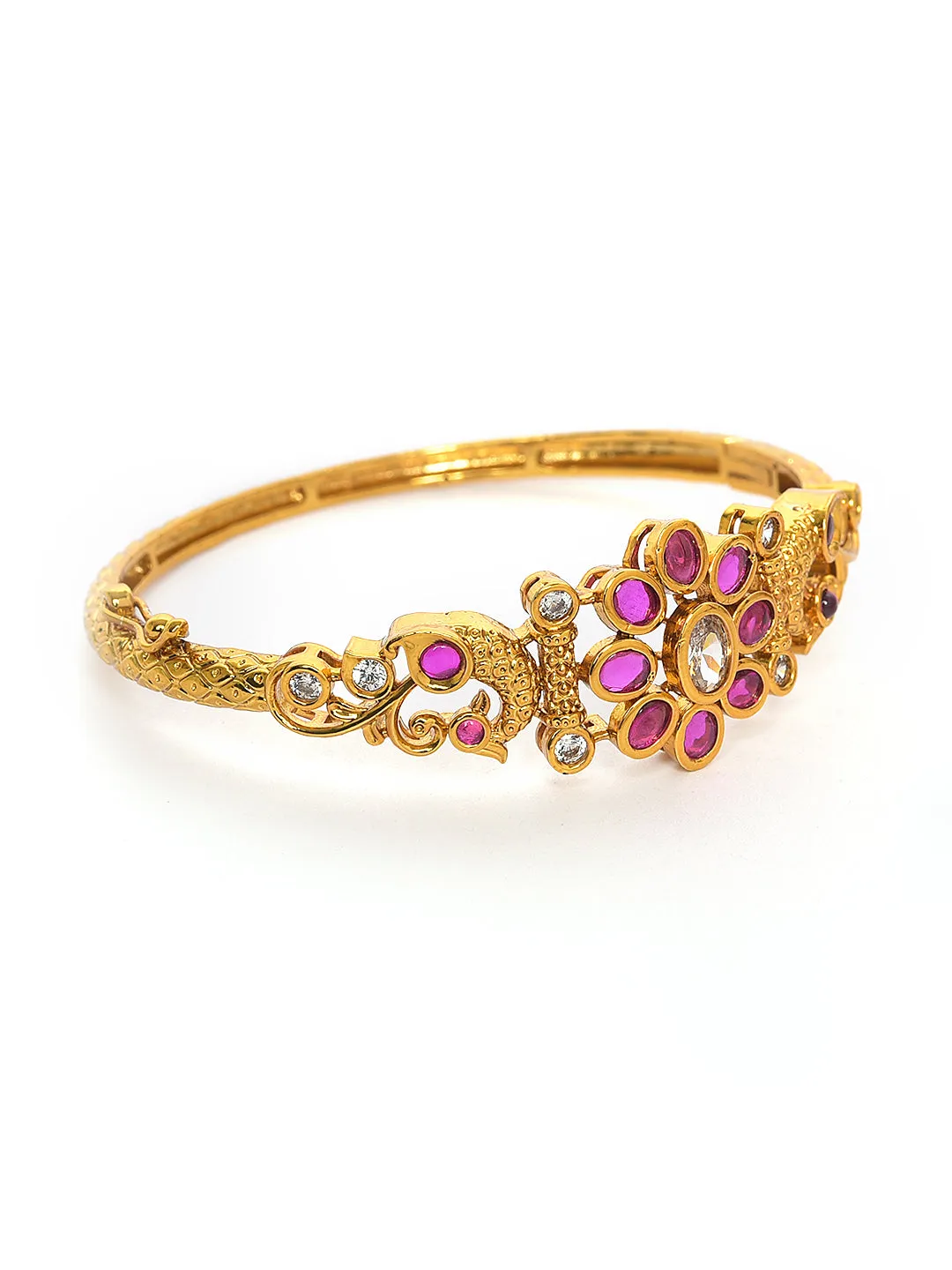 Gold-Plated White Cubic Zirconia Handcrafted,Pink Stone Studded Openable Kada Bracelet