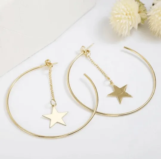 Golden hoop earrings | open hoop earrings | oversize celestial chain dangle earrings | stars statement earrings