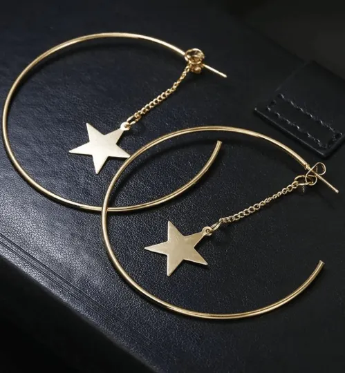 Golden hoop earrings | open hoop earrings | oversize celestial chain dangle earrings | stars statement earrings