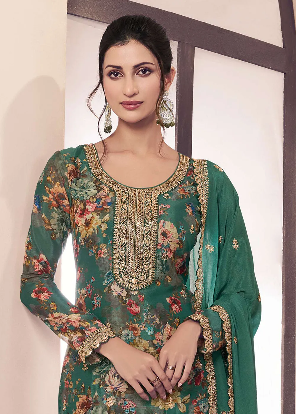 Green Digital Printed Chinnon Pakistani Style Suit