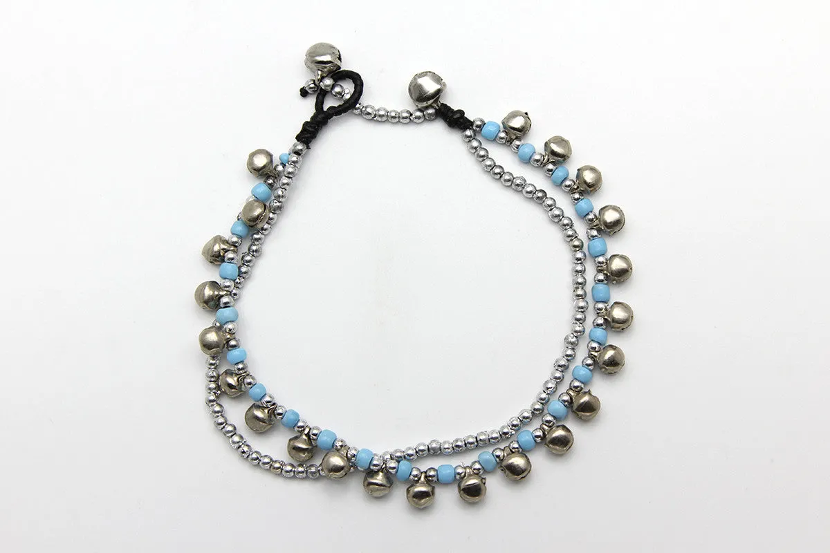 Hand Made Fair Trade Anklet Double Strand Silver Beads Blue