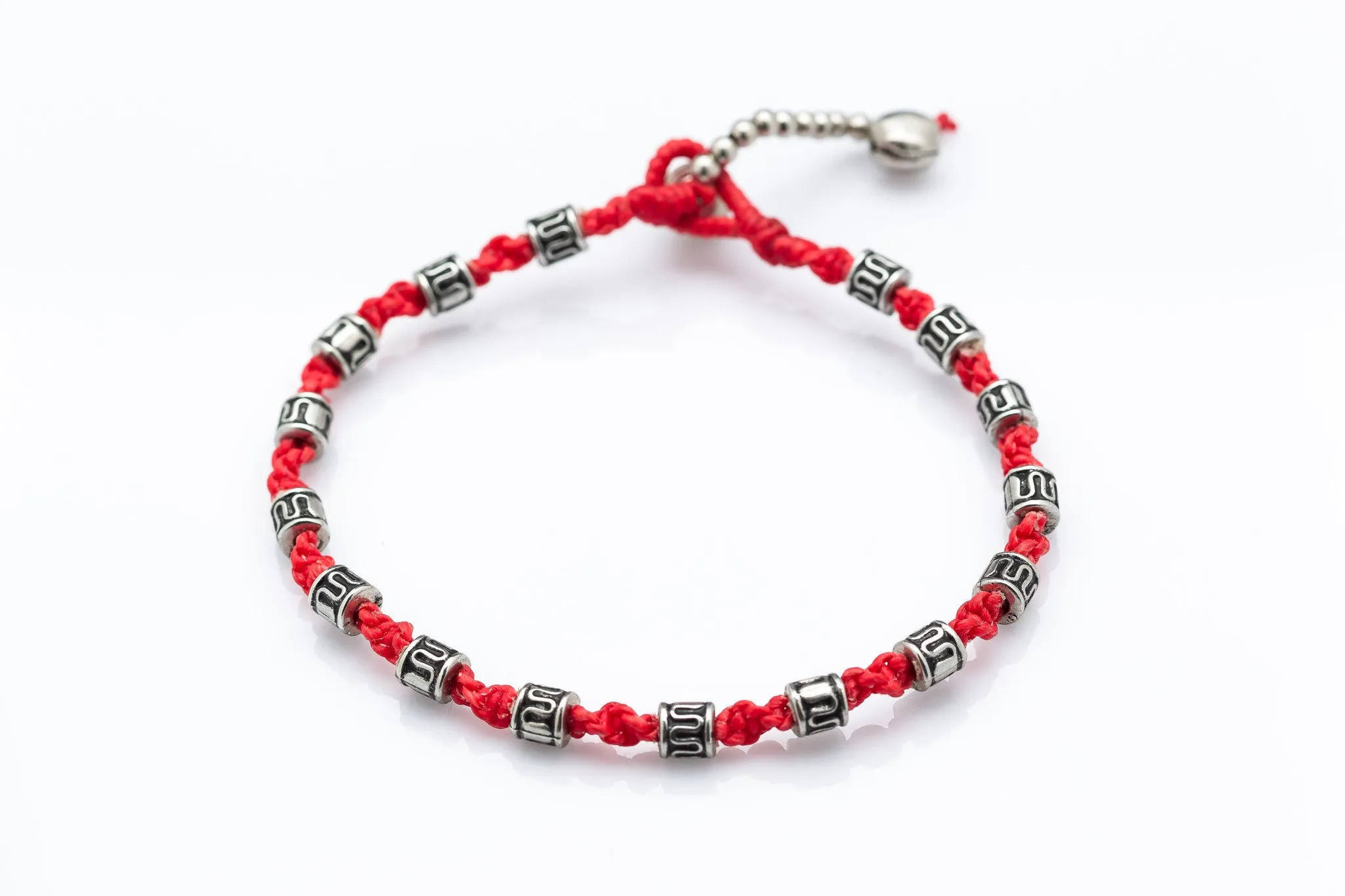 Hand Made Fair Trade Anklet Waxed Cotton Silver Beads Red