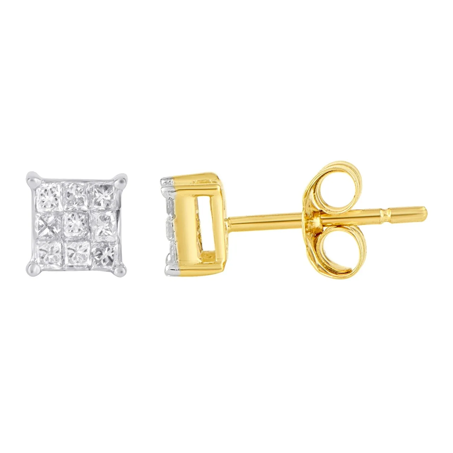 Invisible Princess Stud Earrings with 0.20ct of Diamonds in 9ct Yellow Gold