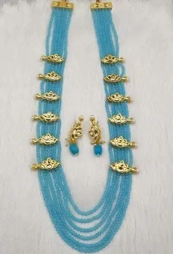 Lotus kundan blue color brouch necklace set