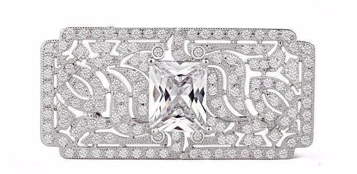 Luxury Cubic Zirconia Rectangle Brooch White Gold Overlay