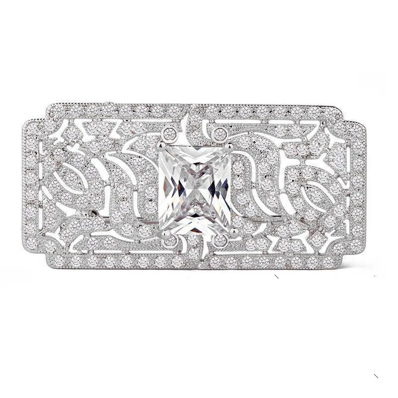 Luxury Cubic Zirconia Rectangle Brooch White Gold Overlay