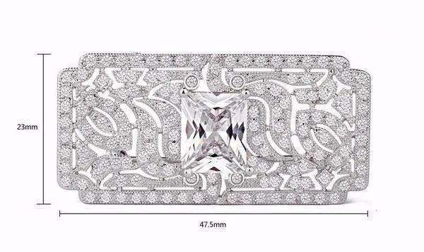 Luxury Cubic Zirconia Rectangle Brooch White Gold Overlay