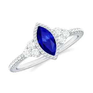 Marquise Cut Created Blue Sapphire Promise Ring With Diamond