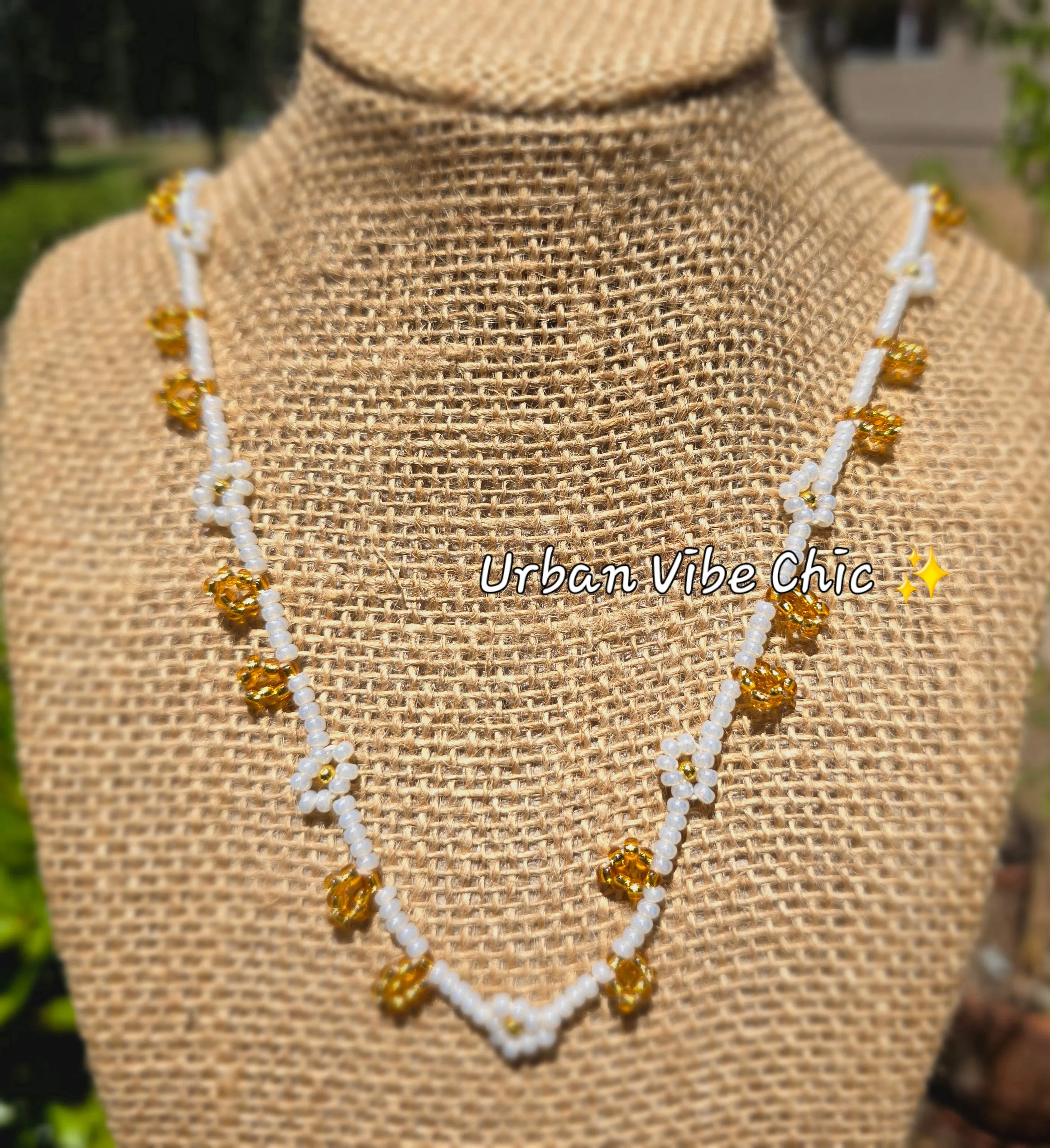 Nude & White & Gold Daisy Beaded Necklace |Flower Bead Bead Necklace | Urban Vibe Chic | Seed Bead Jewelry