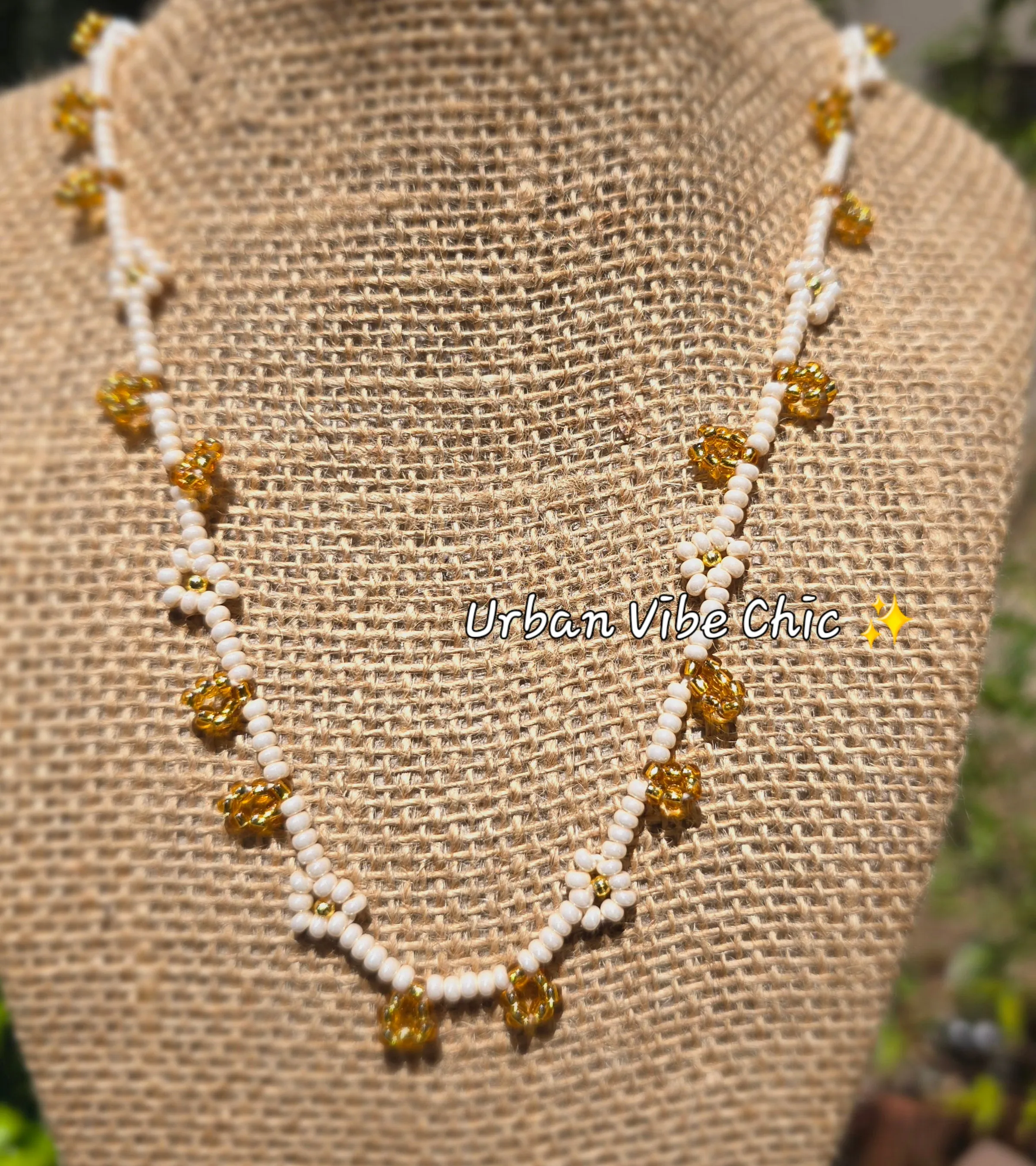 Nude & White & Gold Daisy Beaded Necklace |Flower Bead Bead Necklace | Urban Vibe Chic | Seed Bead Jewelry