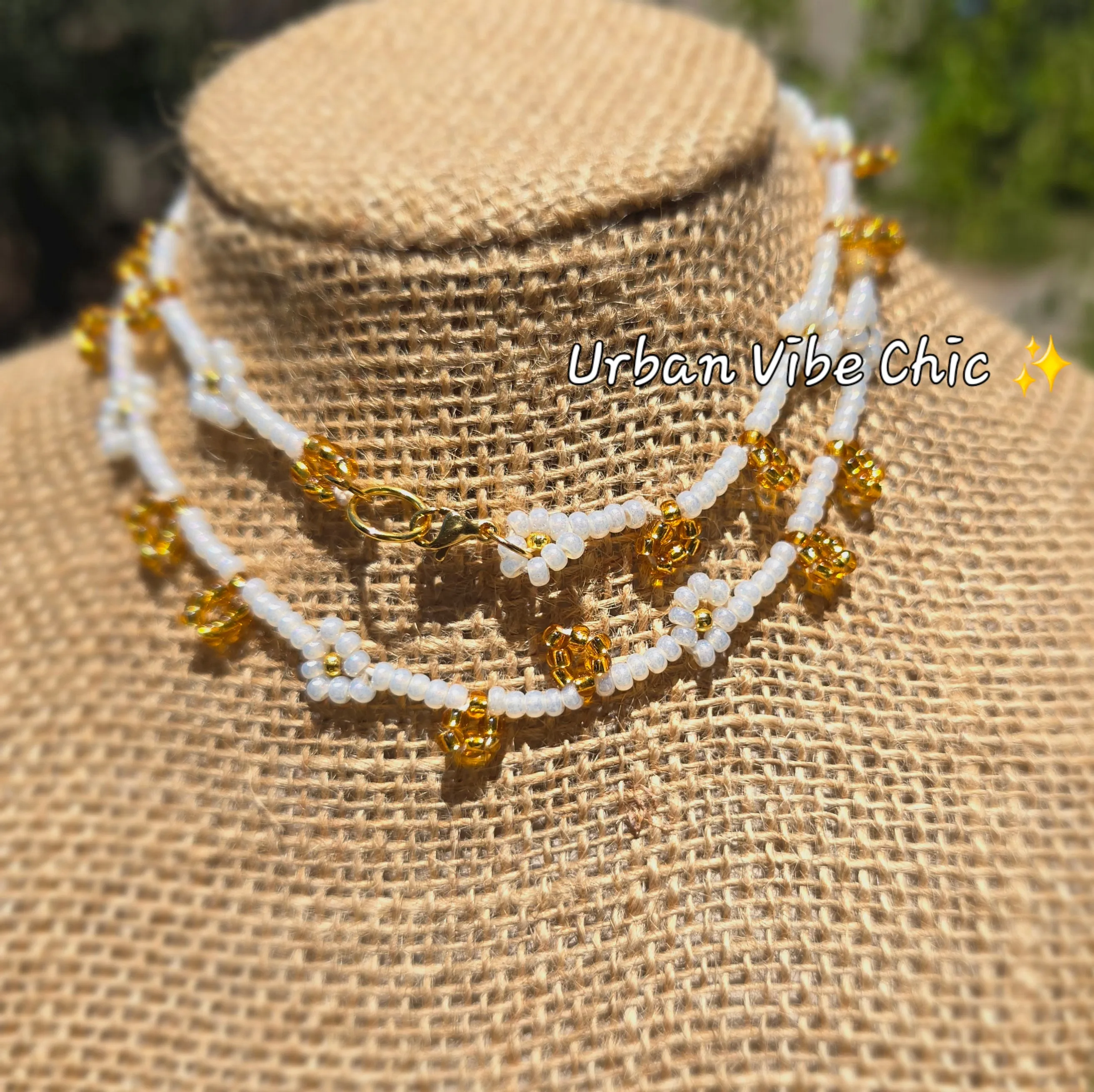 Nude & White & Gold Daisy Beaded Necklace |Flower Bead Bead Necklace | Urban Vibe Chic | Seed Bead Jewelry