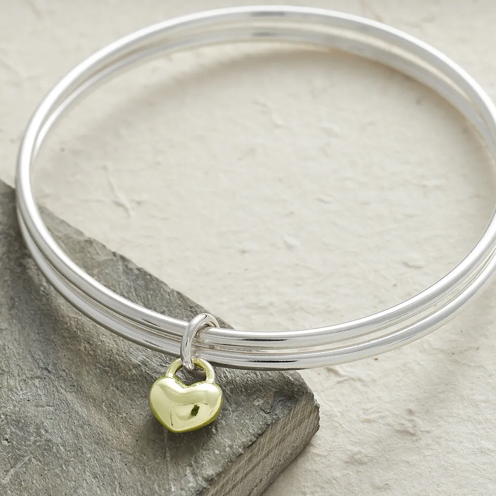 One Love Silver & Solid Gold Heart Double Bangle