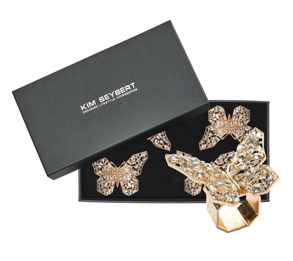 Papillon Napkin Ring in Gold & Crystal, Set of 4 in a Gift Box