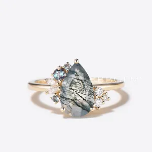 Pear Cut Natural Moss Agate Cluster Engagement Ring Alexandrite Diamond Ring