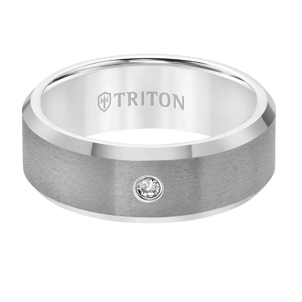 PHILLIP Beveled Tungsten Carbide Wedding Band with Satin Finish and Solitaire Diamond Setting by Triton Rings - 8 mm