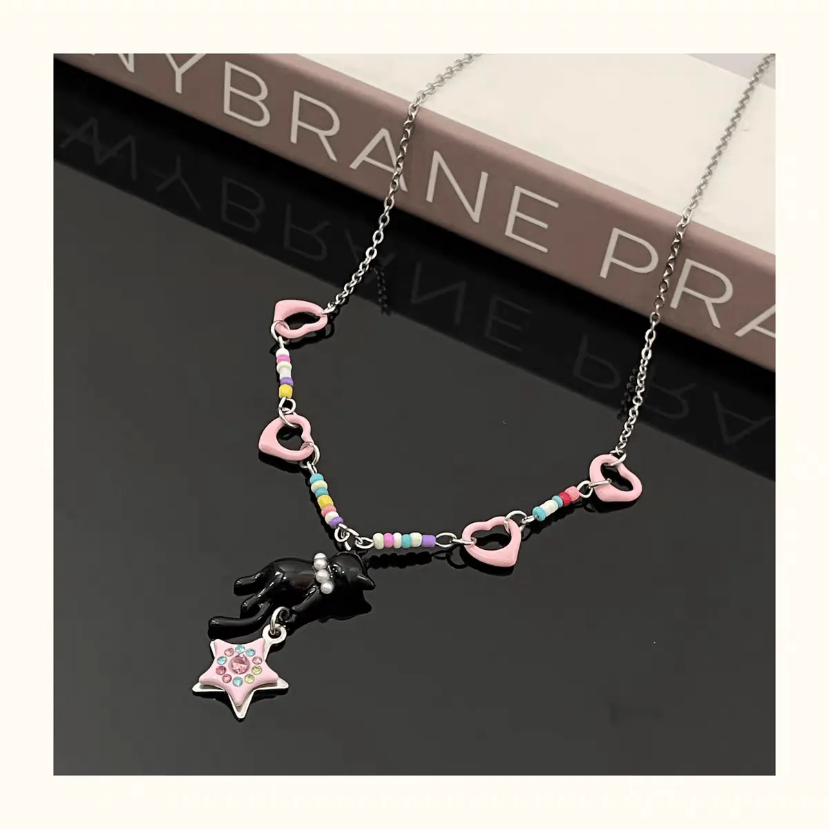 Pink Heart Star Black Kitty Necklace