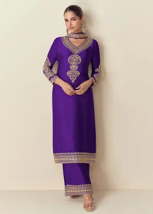 Premium Chinnon Purple Embroidered Palazzo Style Suit