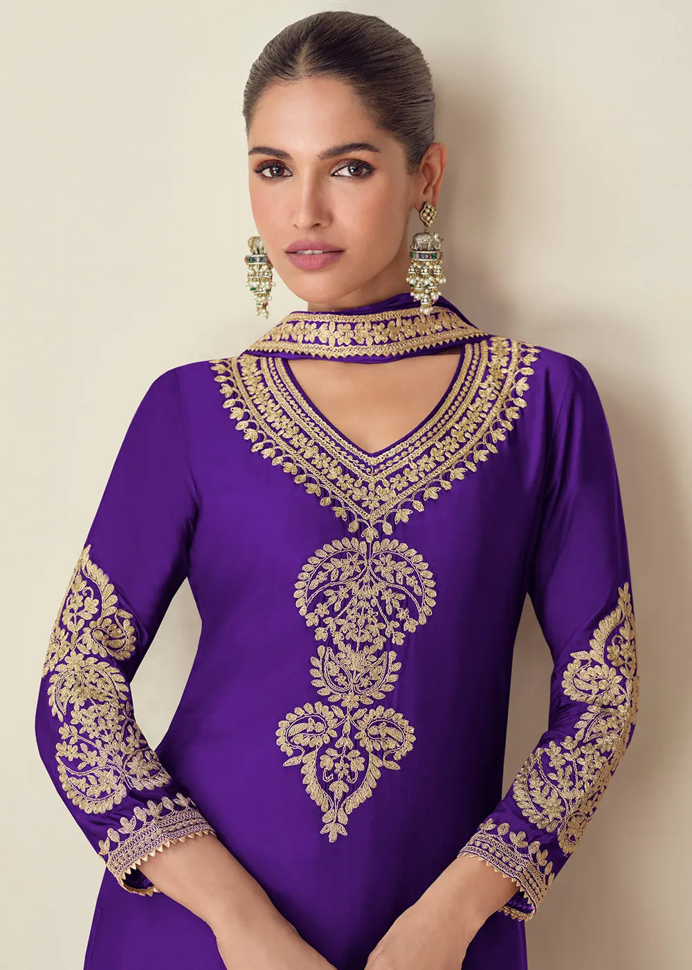 Premium Chinnon Purple Embroidered Palazzo Style Suit