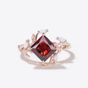 Princess Cut Natural Garnet Engagement Ring Leaf Vine Opal Ring