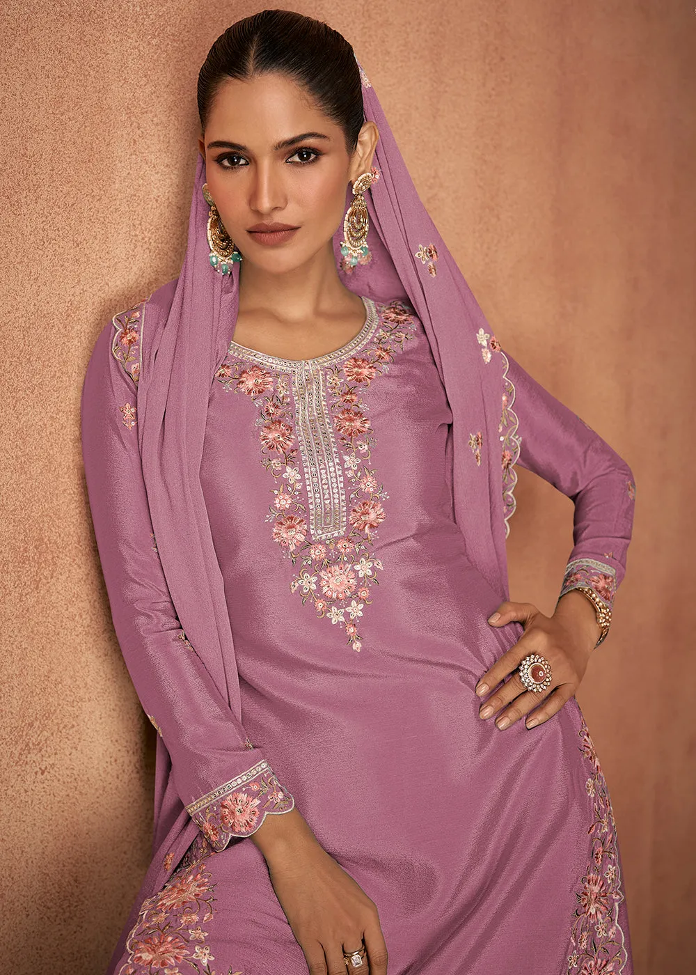 Puce Pink Chinnon Silk Festive Style Palazzo Suit