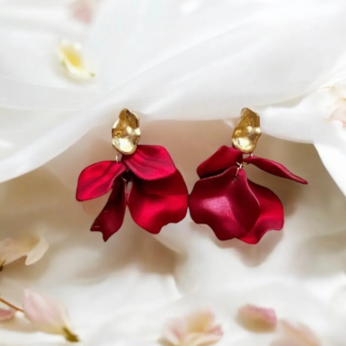 Red - iridescent flower earrings | dangle petals baroque earrings | unique golden chain floral earrings | bridal party wedding earrings