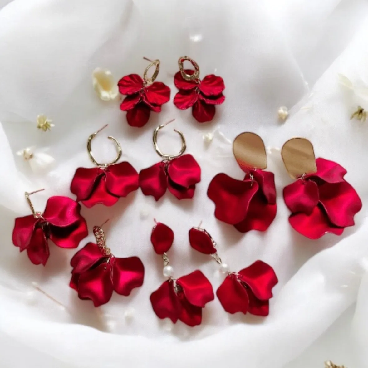 Red - iridescent flower earrings | dangle petals baroque earrings | unique golden chain floral earrings | bridal party wedding earrings