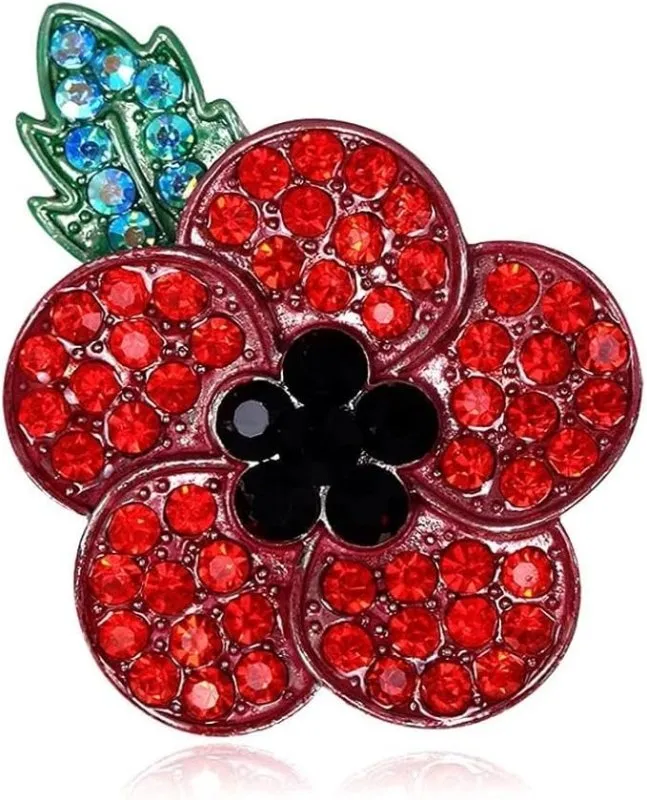 Red Poppy Brooch Lapel Pin Enamel Badge Ribbon Flowers Green Leaf Lest We Forget Legion Remembrance Day Peace 2024