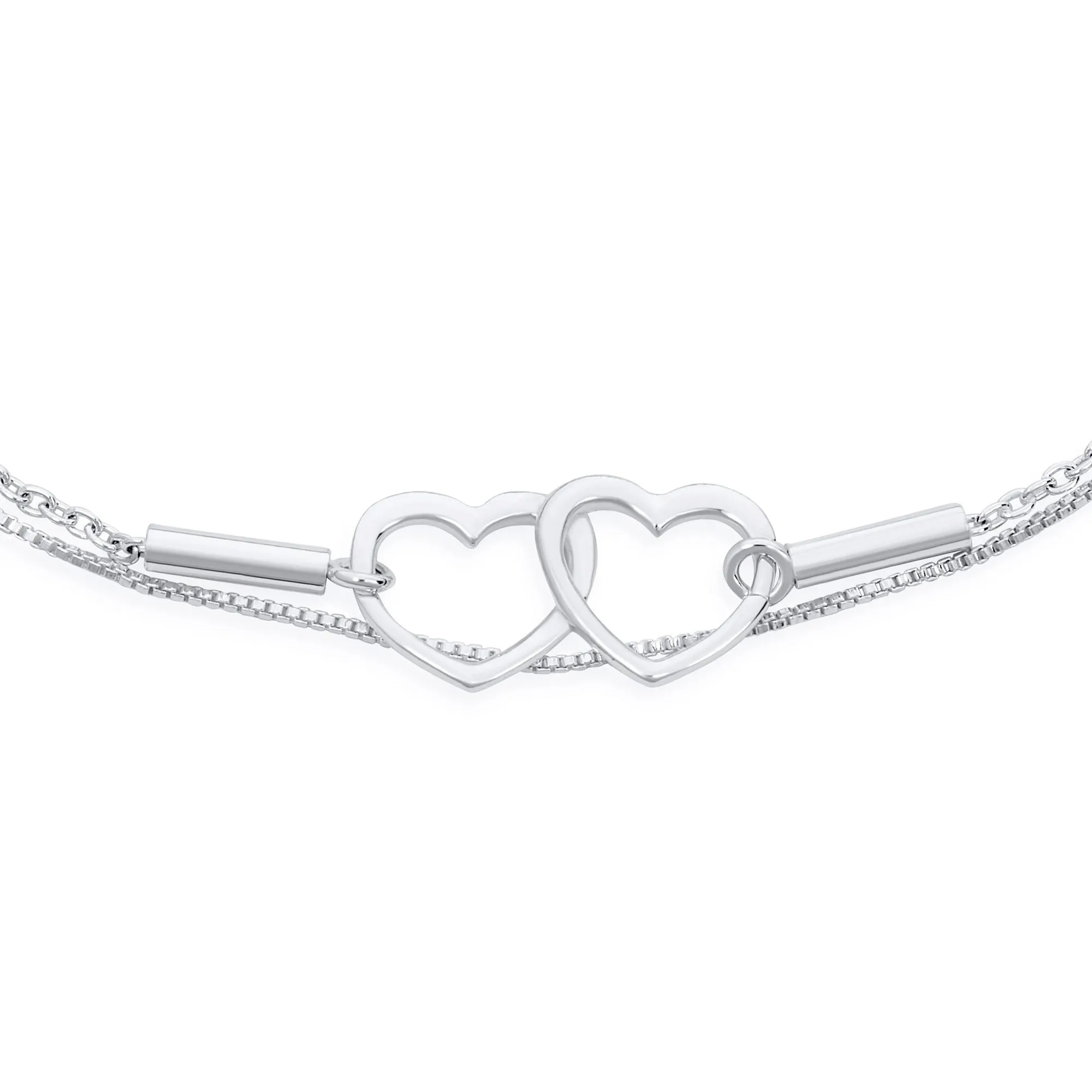 Romantic Double Chain Anklet Ankle Bracelet with Interlocking Hearts Sterling Silver