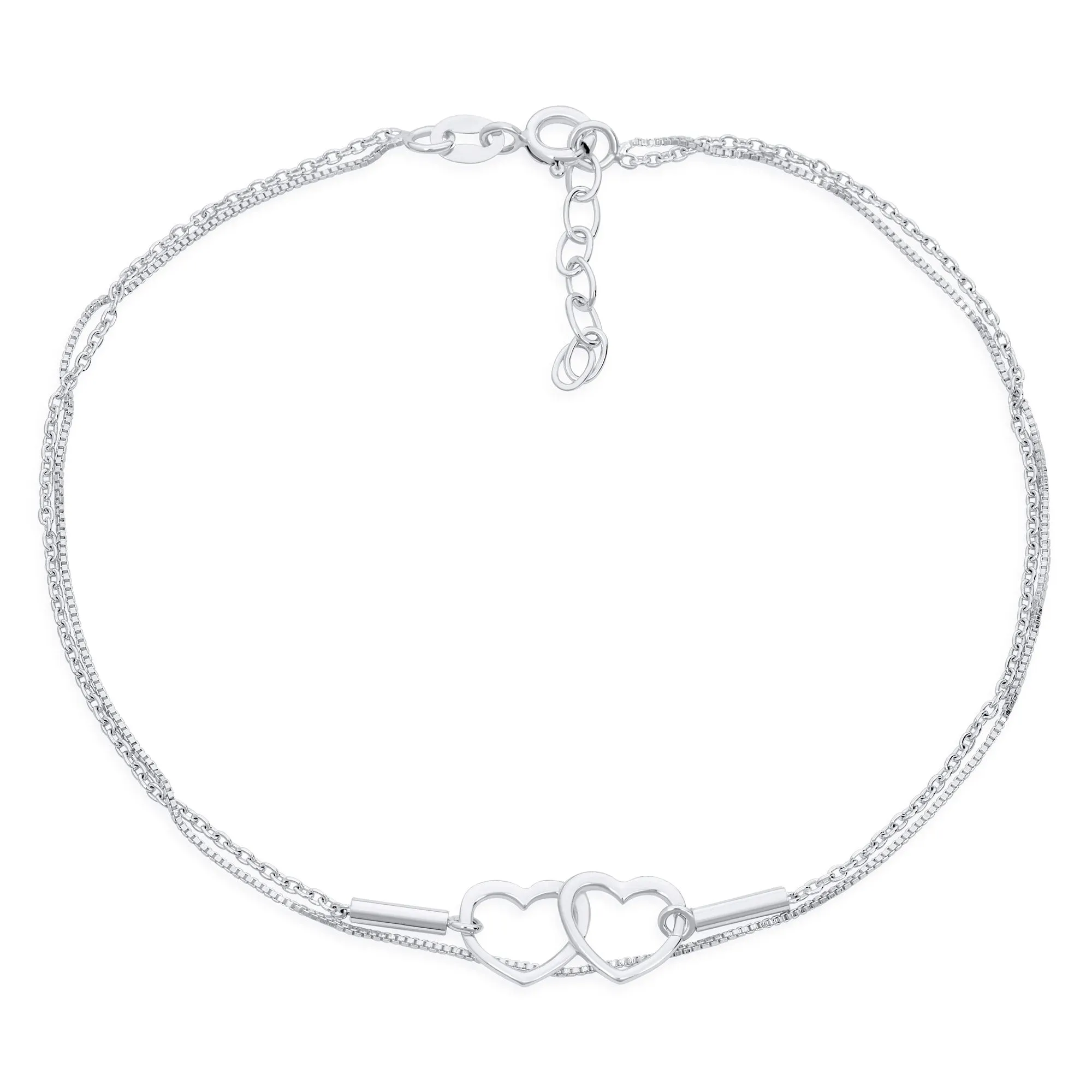 Romantic Double Chain Anklet Ankle Bracelet with Interlocking Hearts Sterling Silver