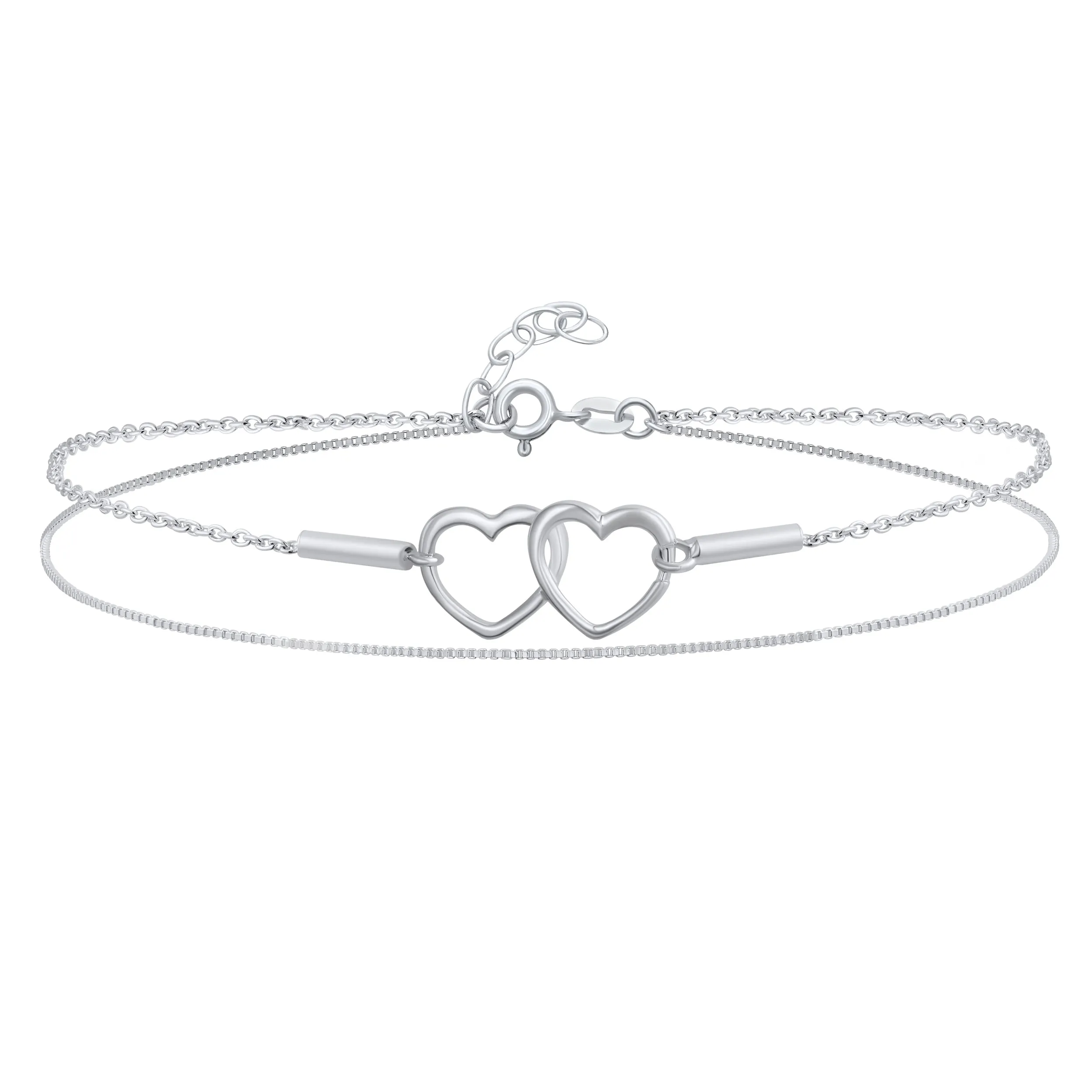 Romantic Double Chain Anklet Ankle Bracelet with Interlocking Hearts Sterling Silver