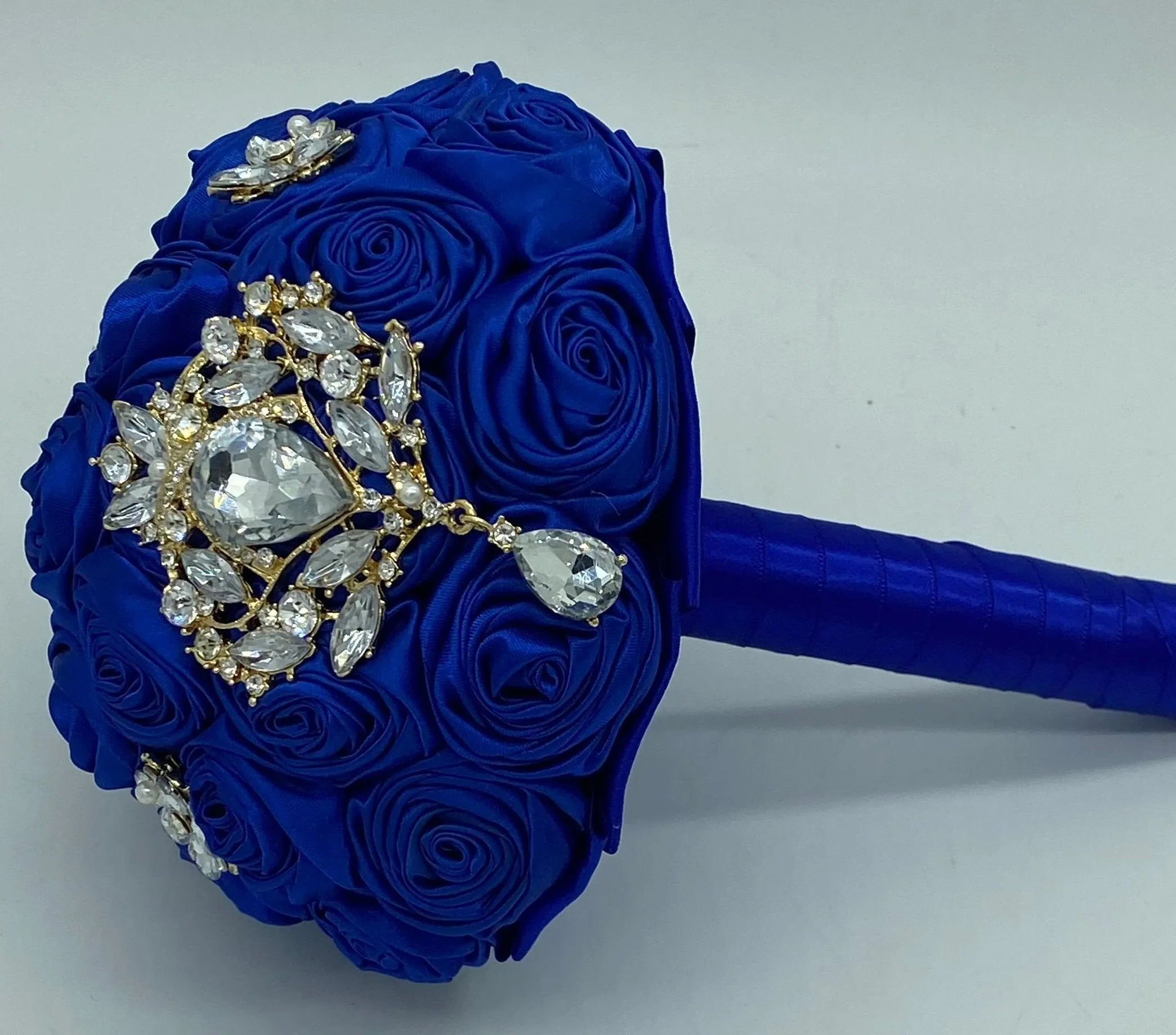 Royal Blue Bouquet l Satin Roses Brooch Bouquet BOU-907