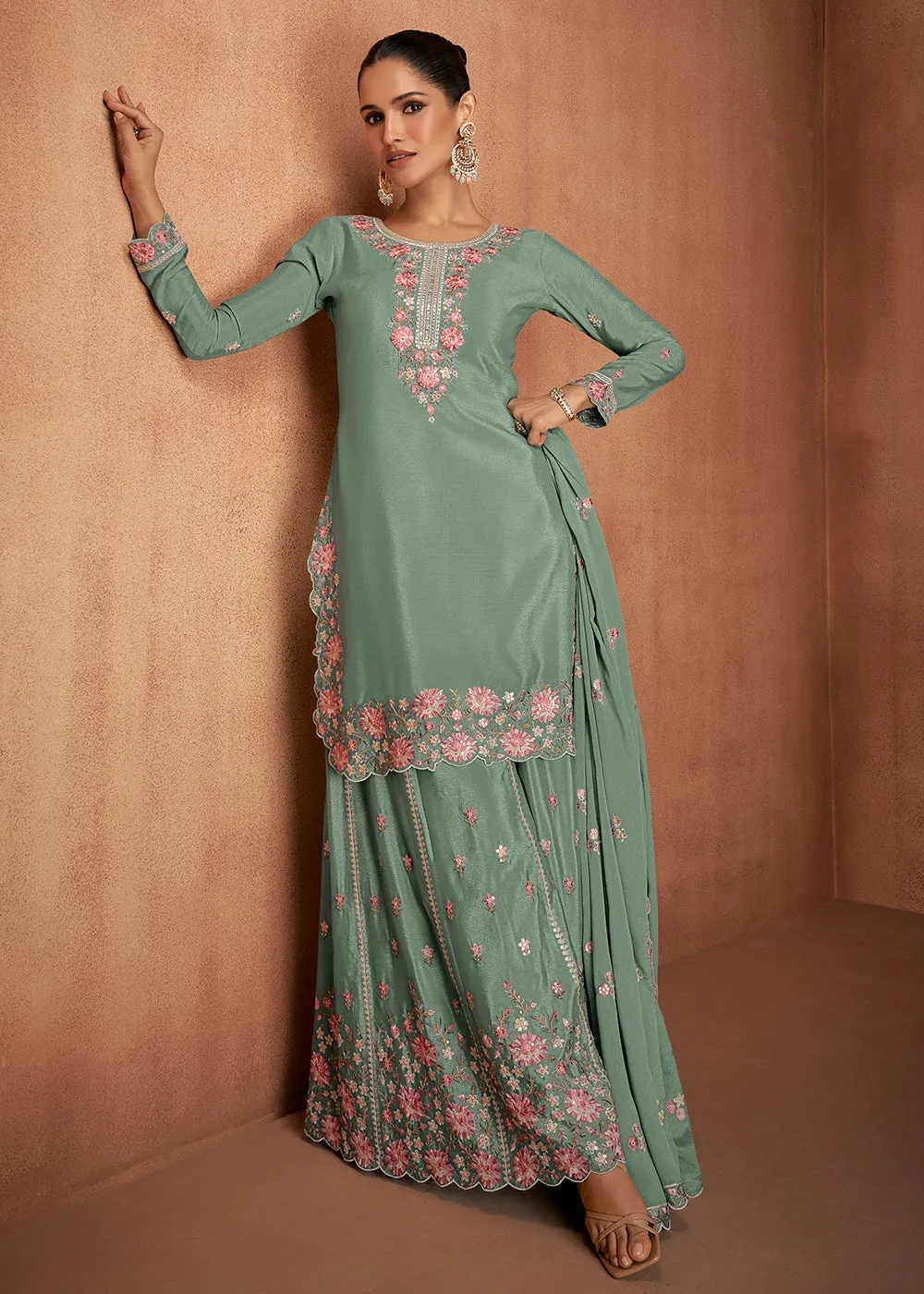 Sage Green Chinnon Silk Festive Style Palazzo Suit