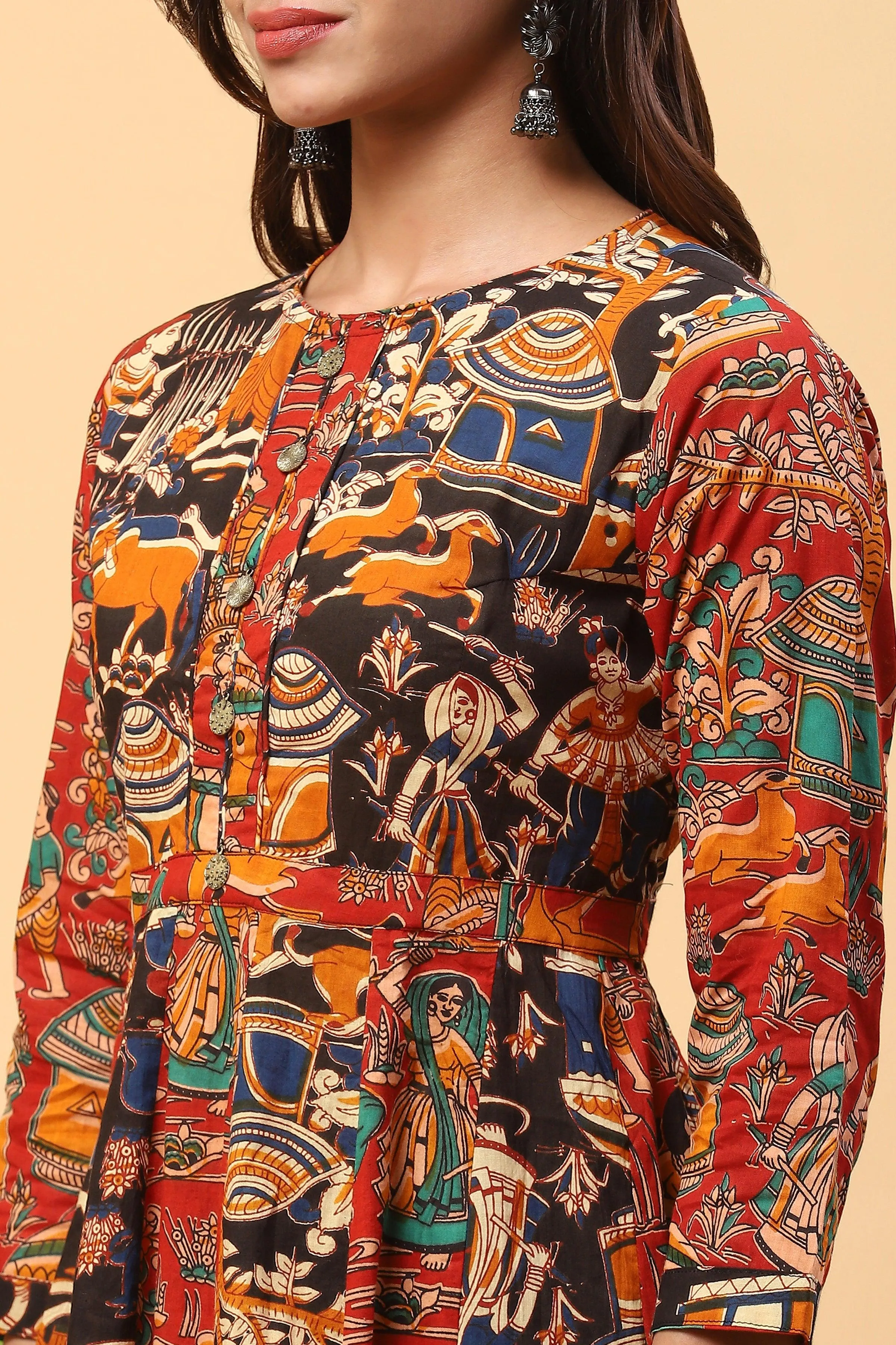 Sanchi Black Red Kalidar Kalamkari Kurta Palazzo Set