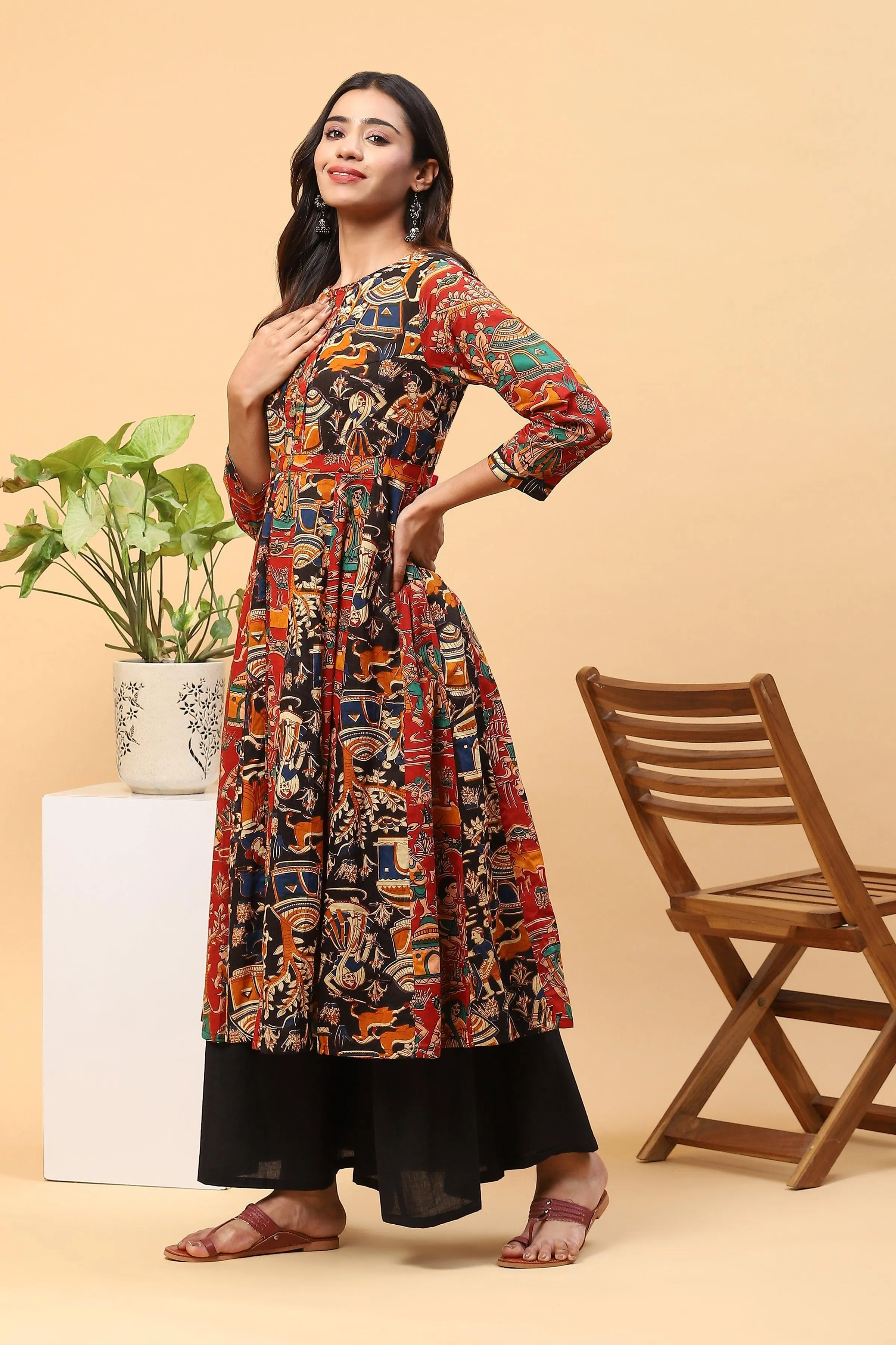 Sanchi Black Red Kalidar Kalamkari Kurta Palazzo Set