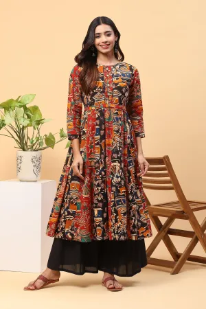 Sanchi Black Red Kalidar Kalamkari Kurta Palazzo Set