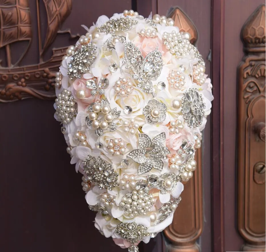 Silk Wedding Cascading Bouquet-Brides with Teardrop Butterfly Brooch or Round Bridal Style