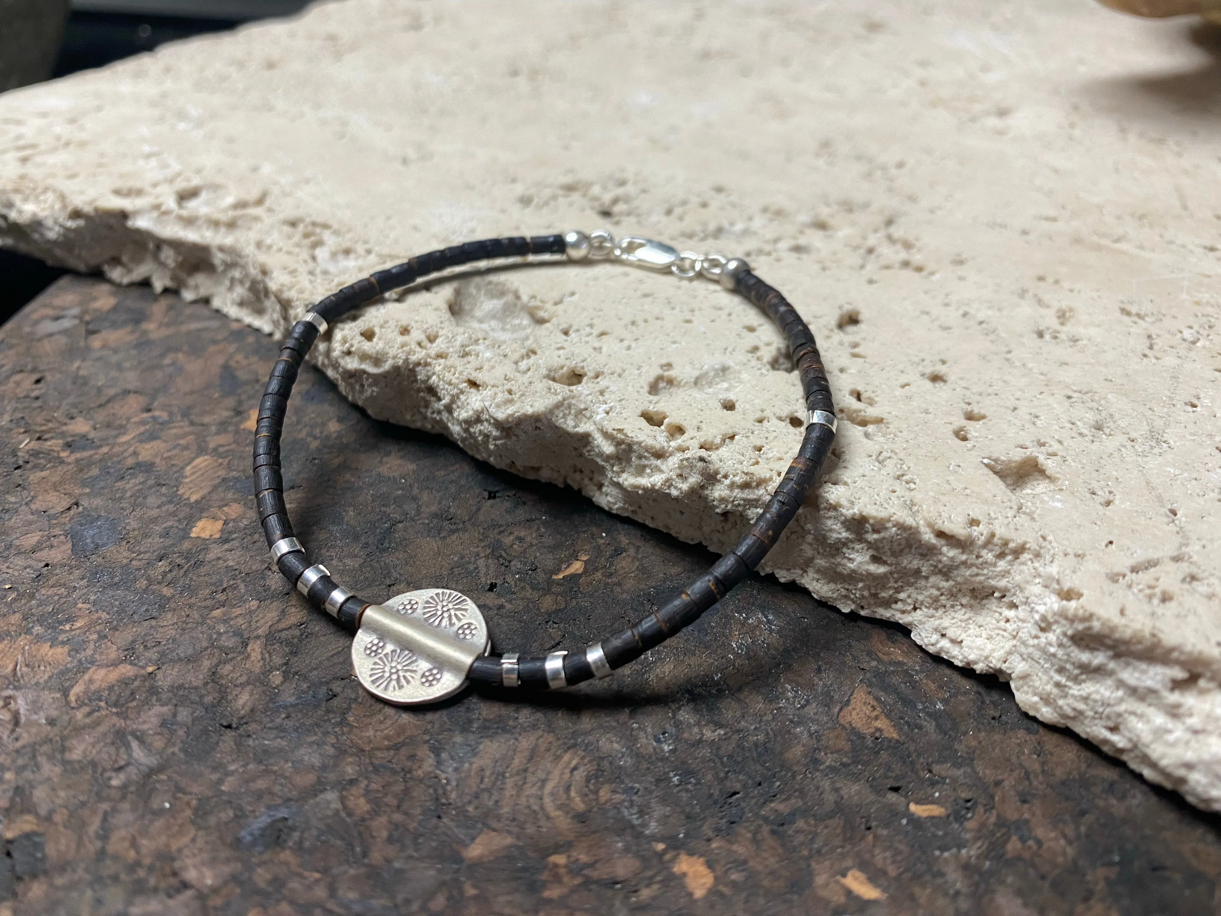 Silver and Coconut Wood Bracelet - Round Bead