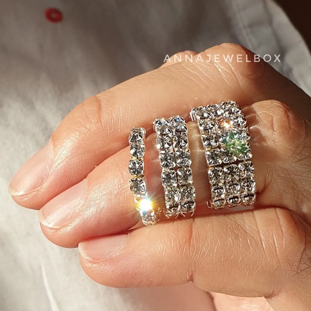 Sparkling Diamante Crystals Silver Plated Elastic Rings 1-2-3 Rows