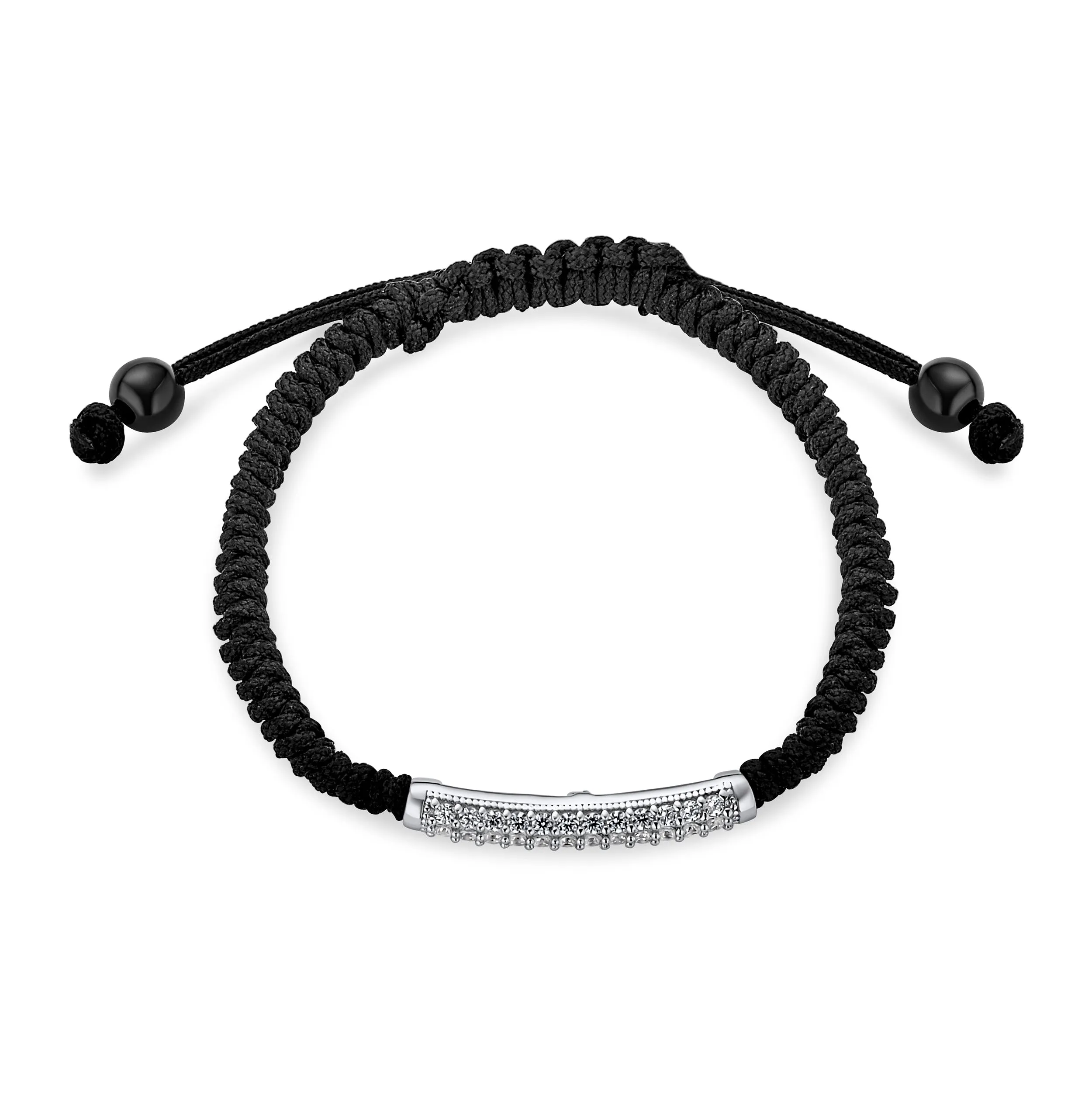 Stackable Strand Bracelet with Curved Bar Black Cord and CZ Pave Silver