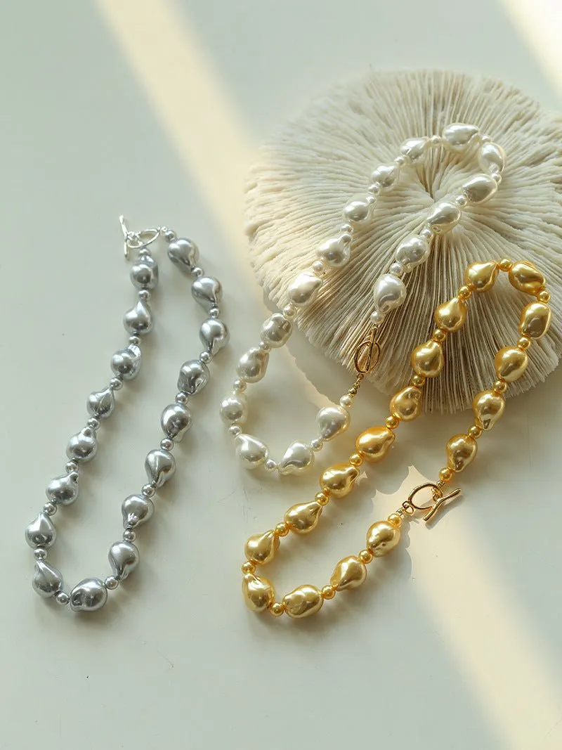 Stylish Baroque Pearl and Bead Beaded Necklace with OT Clasp