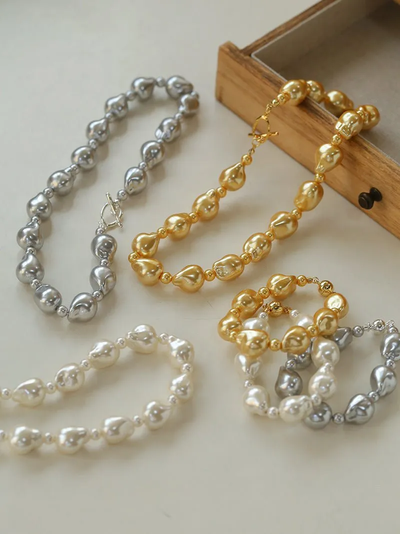 Stylish Baroque Pearl and Bead Beaded Necklace with OT Clasp