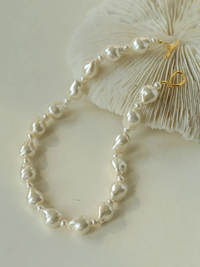 Stylish Baroque Pearl and Bead Beaded Necklace with OT Clasp